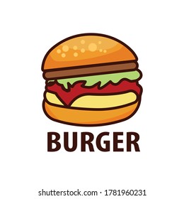 Delicioso icono plano de hamburguesa y inscripción con letras. vector de plantilla de diseño