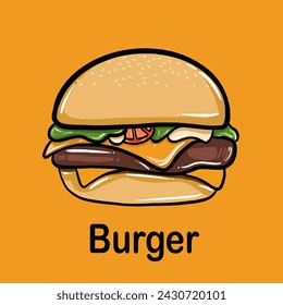 Delicious burger. Flat icon, logo or sticker for your design, menu, website, promotional materials
