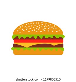 Delicious burger in flat style on white background. Fast food. Vector illustration.