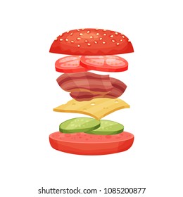 Delicious burger with flying ingredients red buns, cucumbers, cheese slice, bacon and tomatoes. Fast food. Flat vector design