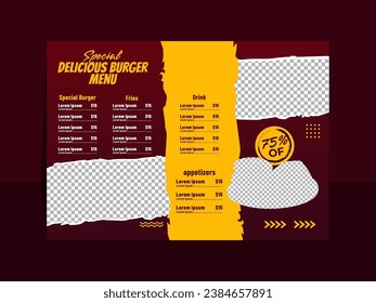 Delicious burger and food horizontal menu design template