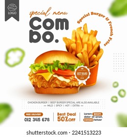 Deliciosa hamburguesa y papas fritas plantilla de publicación en medios sociales