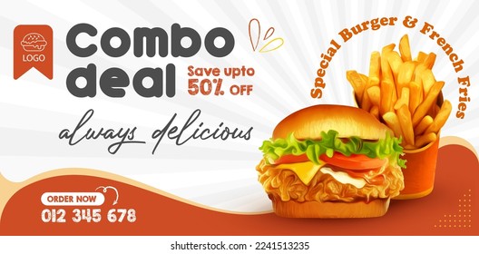 Delicious burger and fries ads banner template