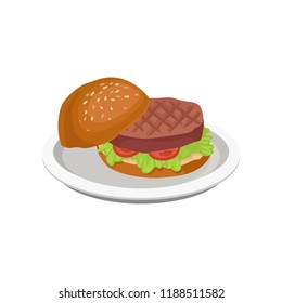 Delicious burger with grilled meat vector Illustration on a white background
