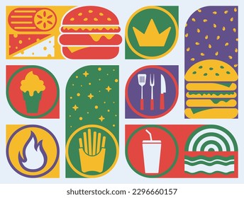 Delicious burger, hand drawn vector graphic drawing, retro style. Creative geometric and iconic hamburger design are perfect for promoting our fast food restaurant poster, banner, wallpaper, flyer.