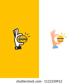 Delicious burger. Hand with a small hamburger. Logotype for restaurant or cafe . Vector illustration