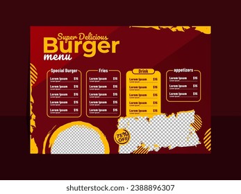 Delicious burger horizontal menu design template