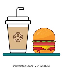 Delicious Burger and Hot Coffee – Tasty Fast Food Combo Vector Illustration for Cafe, Restaurant, or Delivery Design.