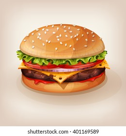 Delicious Burger With Juicy Beef, Fresh Lettuce, Tomato, Onion, Cheese And Ketchup. Vector Illustration Of Yummy Hamburger For Takeout Menu, Fast Food Restaurant Or BBQ Invitation. Cartoon Style Icon.