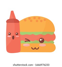 delicious burger and ketchup on white background vector illustration design