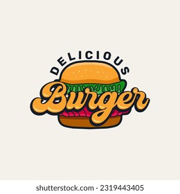 Logotipo Delicioso Burger con Ilustración vectorial de estilo retro de texto