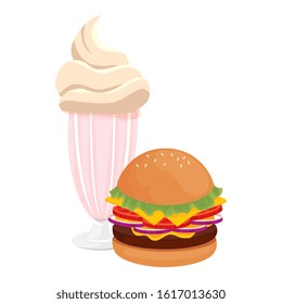 delicious burger with milkshake fast food icon vector illustration design