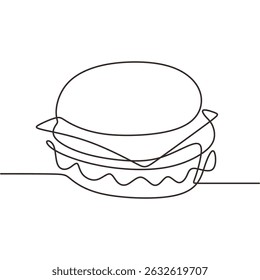 Delicious burger one line drawing. Food and drink concept. Classic American fast food vector art for menu design.