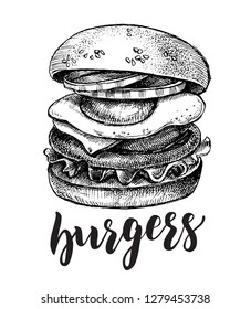 Delicious burger with onion rings and fried egg. Ink hand drawn Vector illustration with brush calligraphy style lettering. Food element for menu design.