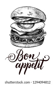 Delicious burger with onion rings and fried egg. Ink hand drawn Vector illustration with brush calligraphy style lettering. Food element for menu design.