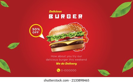 Delicious burger poster with 50% off, vector ,illustration