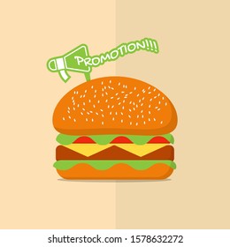Delicious burger promotion. Flat icon, logo or sticker for your design, menu, website, promotional items