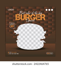 Delicious burger promotion food menu social media post design or Restaurant social media banner. Square size. Fast food social media post design vector.