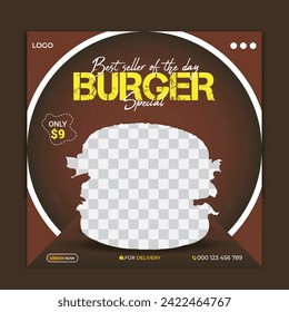 Delicious burger promotion food menu social media post design or Restaurant social media banner. Square size. Fast food social media post design vector.