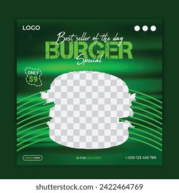 Delicious burger promotion food menu social media post design or Restaurant social media banner. Square size. Fast food social media post design vector.