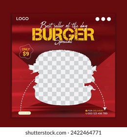 Delicious burger promotion food menu social media post design or Restaurant social media banner. Square size. Fast food social media post design vector.