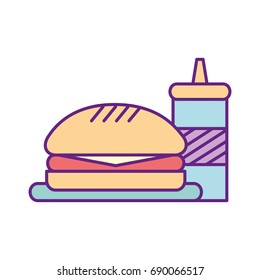 delicious burger with sauce bottle