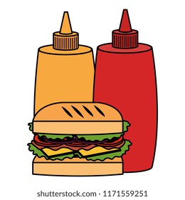 delicious burger with sauces bottles
