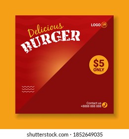 Delicious burger social media post template. Food square banner for restaurant and cafe.