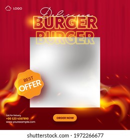 Delicious Burger Social Media Post With Best Offer Label And Copy Space On Red Lights Effect Background.