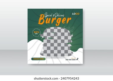 Delicious burger social media post design for restaurant, food social media promotion and post design template with abstract shapes