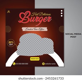 Delicious burger social media post template. Restaurant Burger Social Media Post Design