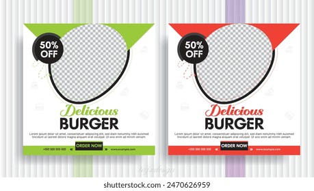 Delicious Burger Social Media Post Design, Kommerzielle Nutzung Promotion Facebook Post Design, Essen Menu Social Media Post Vorlage Design, Restaurant Menu for Food Business.