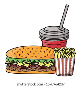 delicious burger with soda and french fries vector illustration design