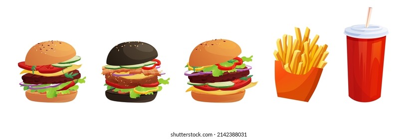 Delicious burger with tomato, cheese, cucumber, meat, onion, ketchup and salad. French fried potato in a red pack box. Soft drink cup. Fast food, junk. Bun with sesame. Cartoon vector illustration.