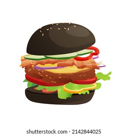 Delicious burger with tomato, cheese, cucumber, meat, bacon, onion, ketchup and salad. Fast food, junk. Bun with sesame. Cartoon vector illustration.