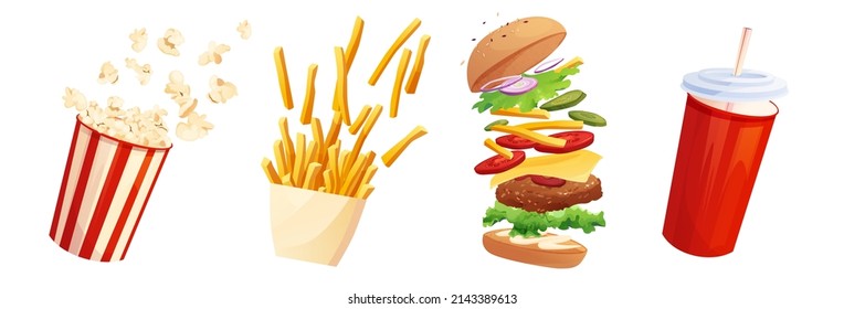 Delicious burger with tomato, cheese, cucumber, meat, onion, ketchup and salad. French fried potato and popcorn in boxes. Soft drink cup. Fast food, junk. Cartoon vector illustration.