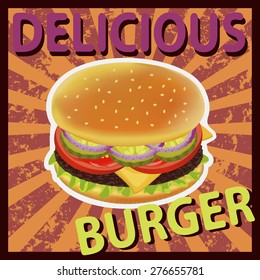 Delicious burger with tomato and salad. Vector illustration can be used for food menu or posters design, prints, web and other crafts.