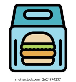 Delicious burger in transparent packaging, ready for fast food delivery or takeaway service