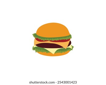 Delicious Burger Vector Art with Fresh Ingredients, Cheese, Lettuce, and Grilled Patties. Tasty, Juicy, Veggie, Gourmet, Double Patty, Street Food, and Cartoon Style Burger Vector Illustration.