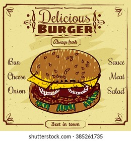 A delicious burger, vintage, street food, banner, vector illustration