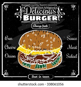 Delicious burger wonderful drawn in chalk on a blackboard, vintage, vector, banner, illustration