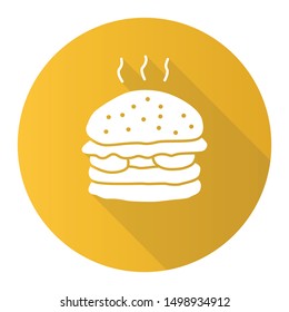 Delicious burger yellow flat design long shadow glyph icon. Traditional hamburger, junk food vector silhouette illustration. Harmful nutrition, takeaway service symbol. Patty with buns and vegetables