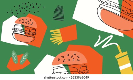 Delicious burgers, fries, sauces, and herbs on green. Ideal for food truck branding, American diner promos, and fun food projects.