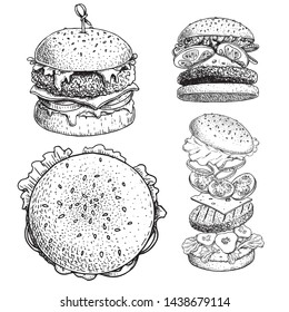 Delicious burgers set. Hand drawn sketch style drawings of different burgers. With bamboo stick, top and perspective view, burger constructor. Fast food retro vector illustrations collection.