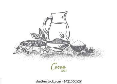 Delicious cacao making, cocoa beans, bowl with sugar, crushed walnuts, strawberry and milk jar, tasty dessert. Natural chocolate organic ingredients concept sketch. Hand drawn vector illustration