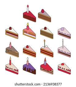 delicious cake birthday with cream and lychee - vector collection set isolated illustration design