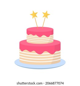 Delicious Cake for Birthday Party, Anniversary, Wedding. Colorful Sweet Tasty Bakery. Cute Cake with Pink Icing Cream on Plate. Isolated Vector Illustration.