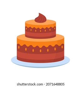 Delicious Cake for Birthday Party, Anniversary, Wedding. Cute Cake with Icing Cream on Plate. Colorful Sweet Tasty Bakery. Isolated Vector Illustration.