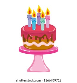 delicious cake with burning candles in the table