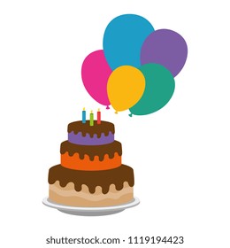 delicious cake with candles and balloons helium